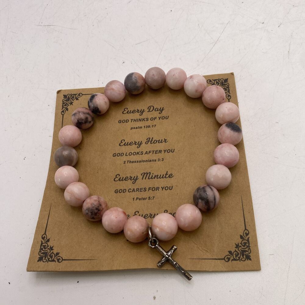 Womens Pink Beaded Faith Bracelet Cross
